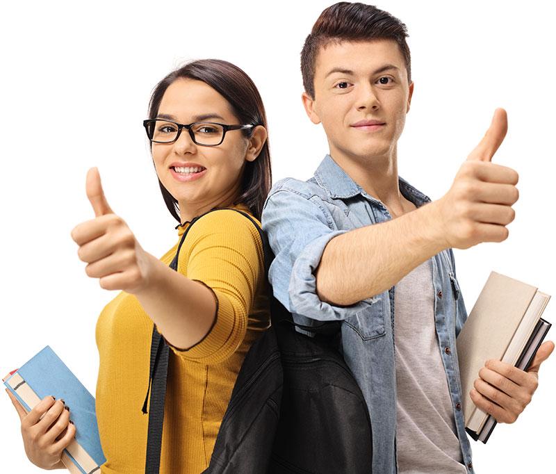 Smiling male and female college students giving thumbs up